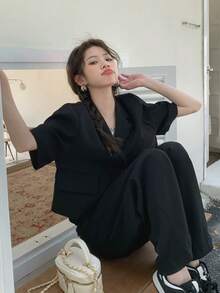 女款優雅短袖黑色西裝外套，韓式垂墜休閒短版夾克，夏季款 - 黑色 - 查看 3