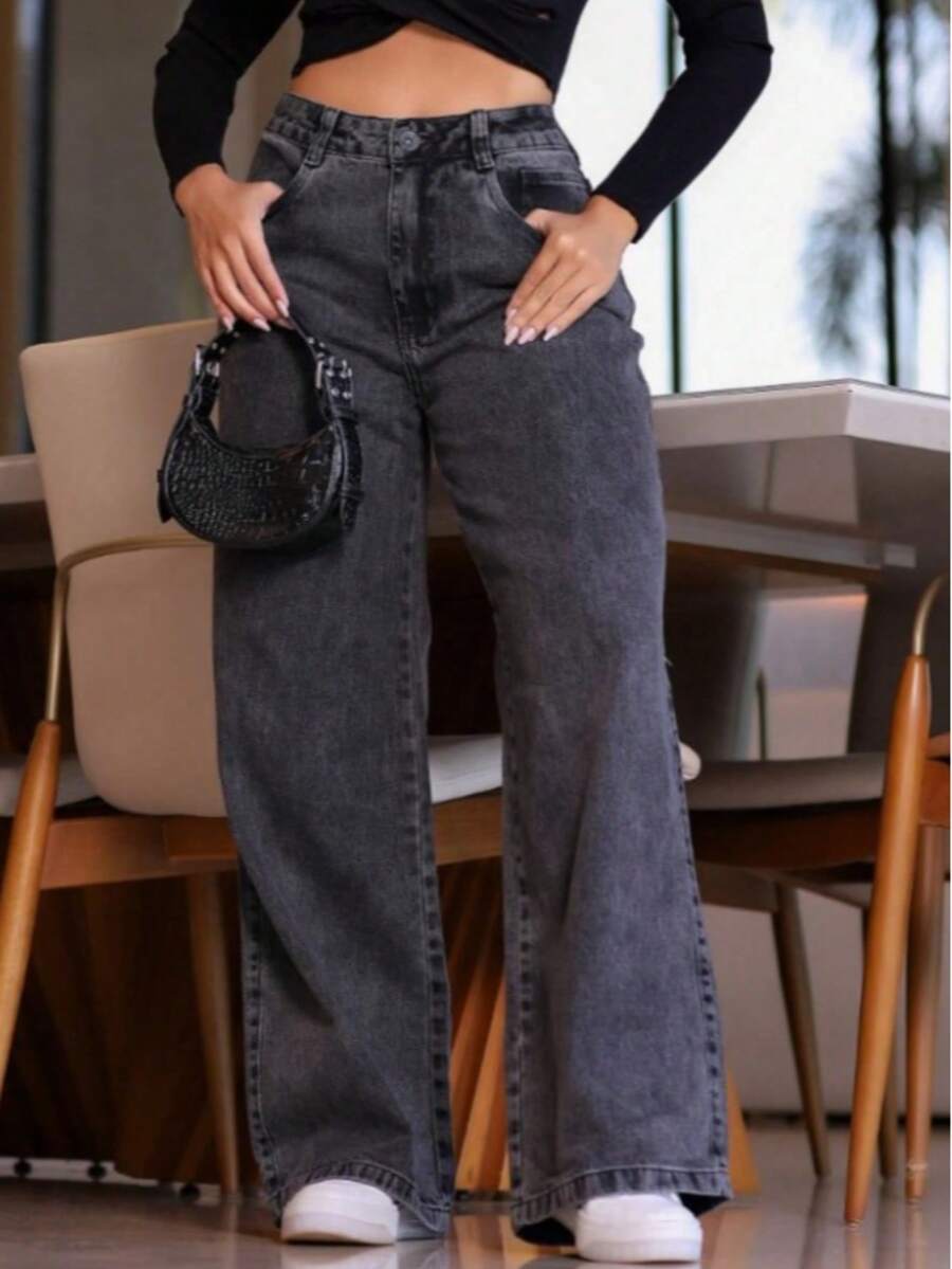 Women's Wide Leg Jeans, Graphite Color, Wide Leg, No Lycra, Premium Bell Bottom, Summer Style, Elegant And Sophisticated, Sizes 36 To 52 (Plus Size) - Màu xám đen - Xem 1