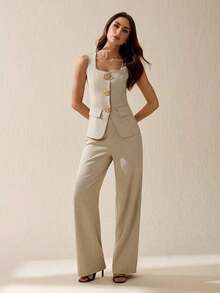 Tall Conjunto de 2 piezas de chaleco y pantalones de unicolor elegante para commuter for mujeres - Caqui - Ver 6