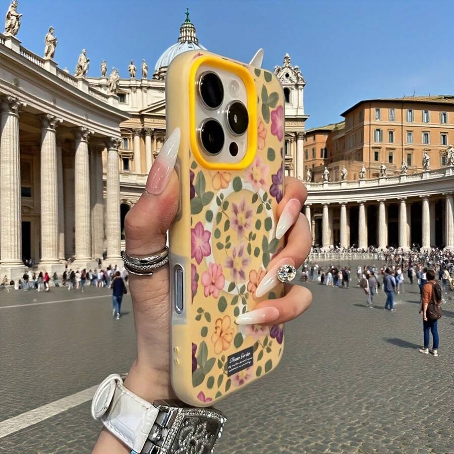 Phone Case: Colorful Small Flowers, Simple Macaron-Colored Skin-Feel Jelly Dual-In-One Magnetic Wireless Charging Phone Case, Halloween, New Year Gift, Christmas Gift, Easter Gift, Halloween Gift, For Family, For Friends. Suitable For 12/12 - Yellow - View 1