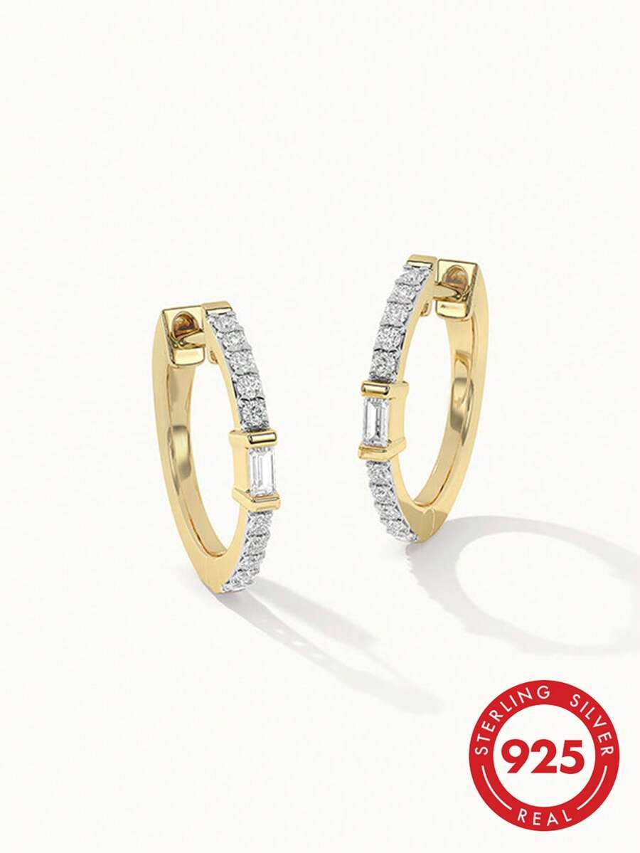 925纯银奢华优雅简约立方氧化锆耳环，女士日常佩戴 - Zircon Hoop Earrings - 查看 1