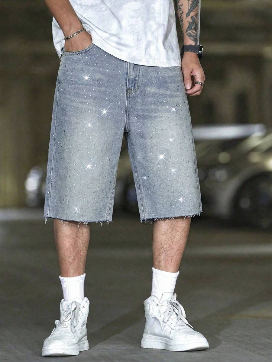 時尚百搭淺藍色水鑽牛仔短褲,男士寬鬆直筒破洞毛邊短褲,適合夏季度假休閒,可作為送給男友或丈夫的禮物 - 淺色水洗藍 - 查看 1