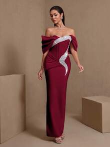 Jacquard Strapless Long Mermaid Dress With Oversized Bow, For Party & Evening Gown - Burgundy - View 3