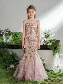 Vestido de fiesta con tirantes de sirena y lentejuelas rosa claro para niña preadolescente, adecuado para fiestas de cumpleaños y ceremonias de niña de las flores - perfecto para Pascua y eventos de primavera - Champán - Ver 2