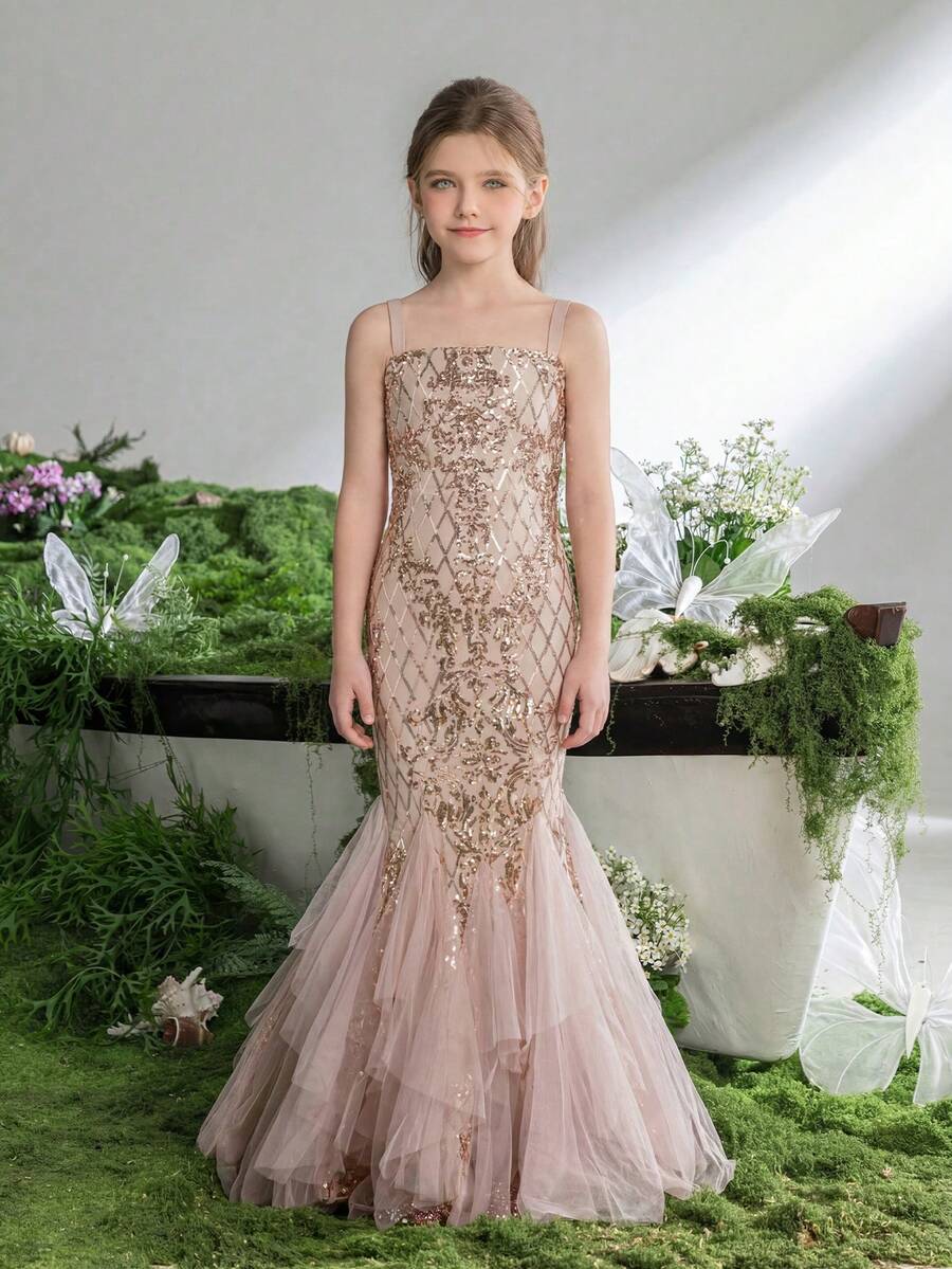 Vestido de fiesta con tirantes de sirena y lentejuelas rosa claro para niña preadolescente, adecuado para fiestas de cumpleaños y ceremonias de niña de las flores - perfecto para Pascua y eventos de primavera
