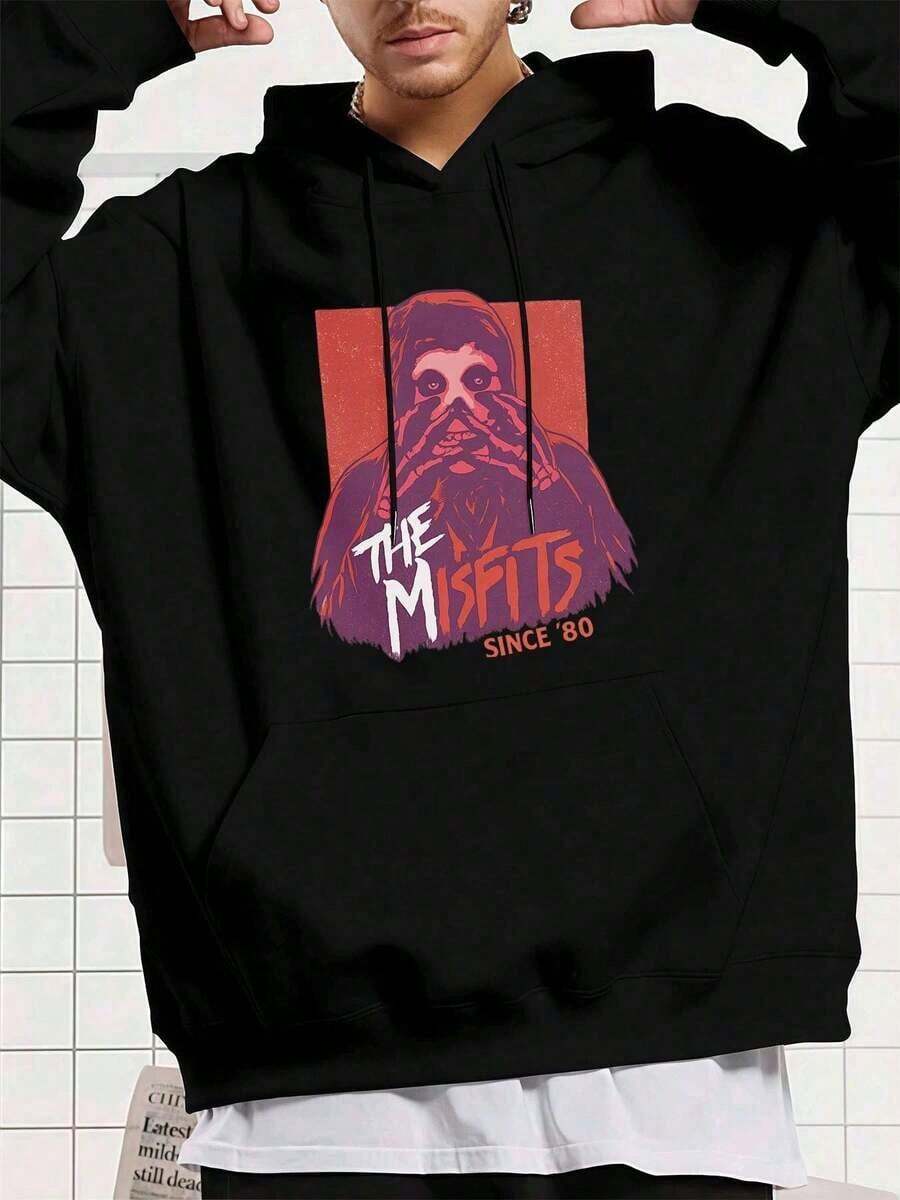 Graphic Black Hoodie Men, Statement Print, Casual, Breathable - Black - View 1