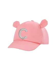1 pieza Gorra de béisbol con orejas de oso lindo para niñas pequeñas con decoración de 26 letras, perlas y strass, protección solar, para 1-3 años, uso al aire libre y diario - Rosa - Ver 6