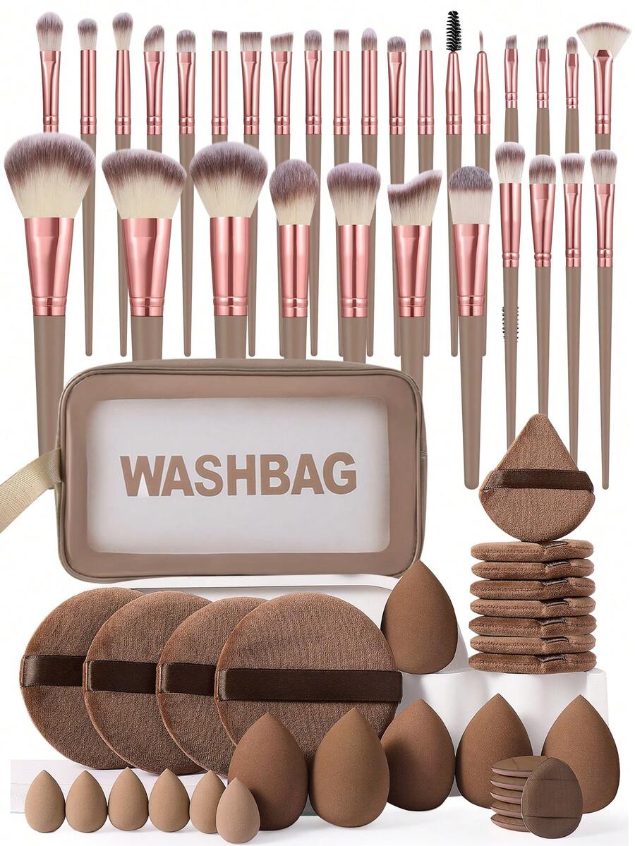 56PCS Brown Makeup Brush Set With Wash Bag, Ultra-Soft Synthetic Brushes, Beauty Sponges, Triangle Powder Puffs, All-In-One Makeup Tools Kit For Beginners, Daily Use & Travel - Brown - View 1