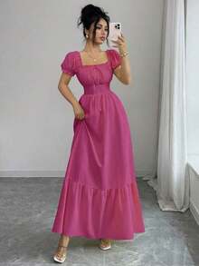 Nuevo vestido con mangas de globo de tela tejida con textura arrugada, con lazo delantero y fruncido trasero, que cintura la cintura, con silueta favorecedora, elegante vestido para ocasiones de vacaciones/casual para mujeres jóvenes - Rosa Fucsia - Ver 8