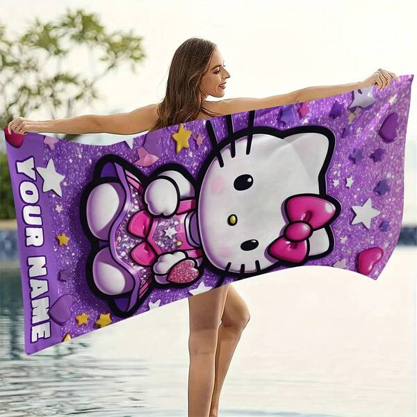 SANRIO Unique Personalized Name Beach Towel, Featuring Cinnamoroll Design, Customizable Name Design, Modern Style Polyester Fabric, Suitable For Beach, Yoga And Sports - 240g Knitted Fabric - Unisex - Perfect For Summer And Outdoor Activities