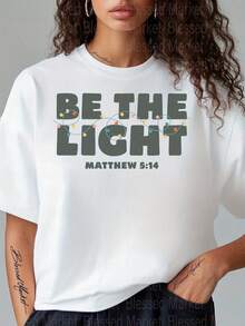 100% Polyester Fiber, Women's Christmas Sweatshirt 2026, 1 Piece Of Women's Casual T-Shirt With 2D Flat Print "Be The Light Matthew 5:14", Short Sleeve, Round Neck, Regular Fit, All-Season T-Shirt, Knitted Fabric, Suitable For Thanksgiving And Christmas. - 白色 - 查看 5