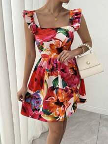 Vestido con mangas cortas de estilo boho con estampado aleatorio para vacaciones y atuendo de playa - Multicolor - Ver 2