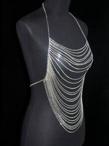 1pc Multi-Layer Horizontal Fringe Shiny Body Chain Bra, Sexy Accessory, Perfect For Bikini, Ideal For Beach Vacation Summer - Silver - View 2