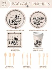 168-Piece Western Cowgirl & Western Racing Theme Disposable Cutlery Set - Decorative Paper Plates, Cups, Napkins, And Cutlery. Perfect For Holiday Parties, Birthday Parties, Themed Events, And Everyday Use. Adds A Festive Atmosphere, Enhances The Party Experience, Perfect For Event Decorations, Decorative Sets, Holiday Occasions, Themed Party Cutlery, Party Planners, Party Supplies Sets, Afternoon Tea Parties, And Tea Parties. - 彩色 - 查看 2