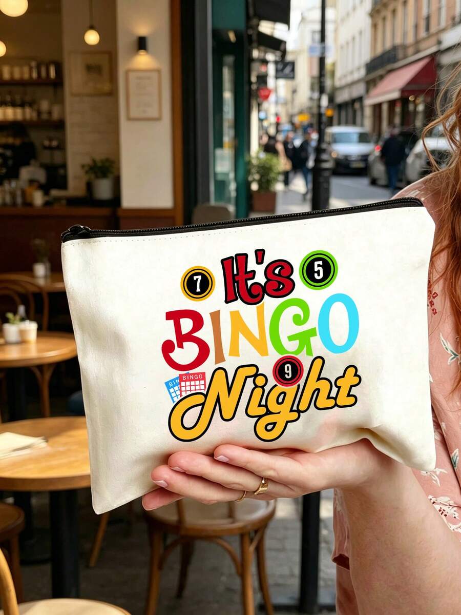 "Bingo"字母印花旅行盥洗包，卡通趣味多功能帆布包，充電器收納包，旅行化妝必需品包：女性旅行必需品包，中性拉鍊包，化妝品、彩妝和輕便旅行必需品，適合青少年、生日和旅行配件，節日禮物，母親節禮物