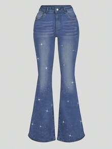GILIPUR Jeans acampanados de talle alto estilo Y2K, pantalones de mujer de unicolor elásticos y elegantes, pantalones vaqueros con estampado de copos de nieve de uso casual - Azul 3 - Ver 7