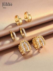 Hihho 3 Pairs Hoop Earrings Set, Golden Bead Ring Design, Densely Embedded Luxury Rhinestones, Fashion Minimalist, Suitable For Casual And Gentle Outfit, Versatile For Daily Wear - Gold - View 3