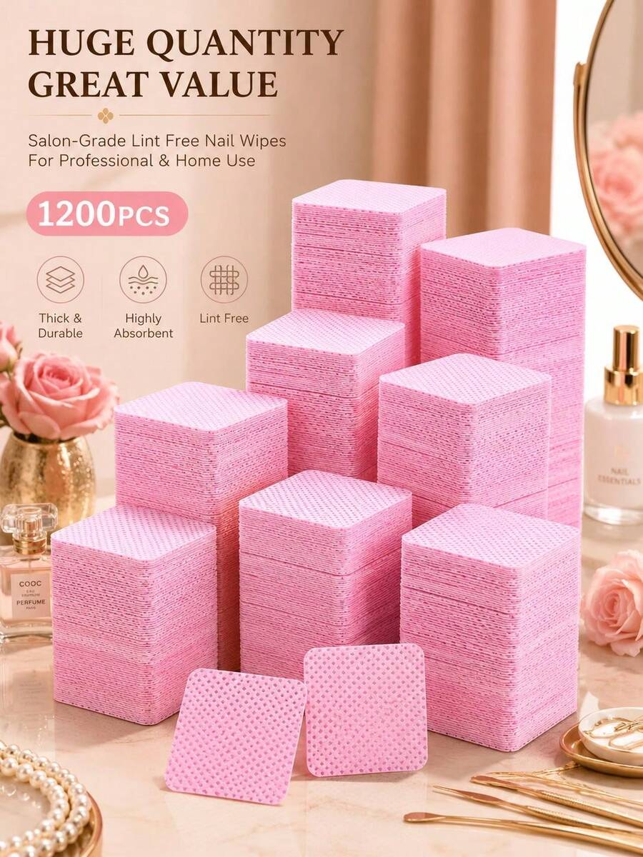 1000pcs Lint-Free Nail Polish Remover Pads - Acetone Resistant, Suitable For Nail Preparation And Gel Nail Removal, Can Be Used For Eyelash Extensions, Waterless Nail Cleaning, Suitable For Salon And Home Use, Pink Lint-Free Nail Wipes, Disposable Nail Polish Remover Pads, Non-Woven Nail Pads - Multicolor - View 1