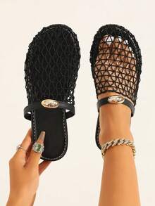 Wide Fit Women's Fashion European And American New Arrival Backstrap Fishnet Flat Sandals, Hollow-Out Comfortable Beach Slides - Black - View 5