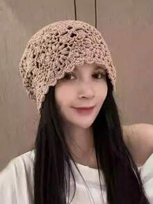 1顶女士手工串珠钩编镂空轻薄复古针织帽，春夏款 - 花朵針織帽 - 查看 16