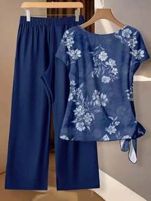 Clasi Conjunto de 2 piezas de camisa de manga corta holgada con lazo y pantalones rectos holgados, de estilo vintage elegante y versátil, con estampado floral azul sobre base blanca, adecuado para otoño/invierno, cómodo y cálido - Multicolor 9 - Ver 3