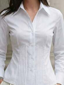 1 pieza Camisa de manga larga de ajuste delgado, elegante y casual con botones de un solo color, adecuada para la oficina, el hogar, el uso diario y las citas, todo el año, color blanco primaveral - Azul cielo - Ver 8