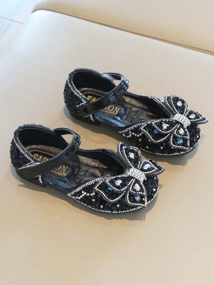 1 Pair Girls' Rhinestone Princess Shoes, Spring/Autumn New Soft Sole Non-Slip Fashion Versatile Shoes - Black - View 1