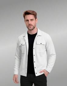Stylish Men's Jacket With Waterfall Collar, Long Sleeves, Casual Sweatshirt Style With Button Details And Pockets. - 白色 - 查看 1
