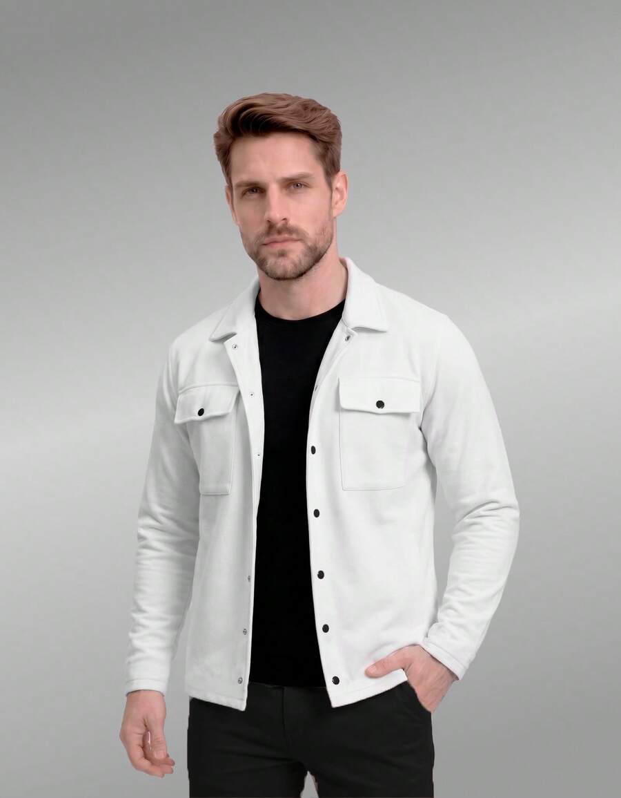 Stylish Men's Jacket With Waterfall Collar, Long Sleeves, Casual Sweatshirt Style With Button Details And Pockets. - 白色 - 查看 1