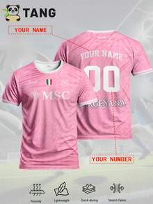 Italian Naples Style Customized Men's Football Jersey & Can Be Customized With Name And Number & Round Neck Comfortable Sports Top & Soft And Lightweight Personalized Football Shirt & Suitable For Football Training & Daily Casual & Gift - Pink - View 2