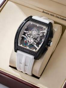 1PC Men's Multi-Color Hollow Watch, Black, White, Red Three-Color Silicone Strap, Mechanical Style, Hollow Mechanical Chronograph Function, Barrel-Shaped Hollow Colorful Dial, Men's Luxury Watch Accessory, Suitable For Summer Wear, Birthday, Valentine's Day, Father's Day Gift, Luxury Gift For Boyfriend And Son - Multicolor - View 9