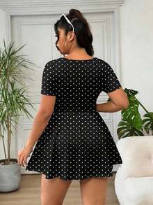 Mono de manga corta con estampado de lunares minimalista y retro para mujer talla, adecuado para el verano - Multicolor 5 - Ver 11