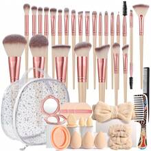 Beige & Rose Gold 44PCS All-In-One Makeup Tools Kit 25 Premium Cosmetic Brushes Beauty Sponges Powder Puffs Mirror Hairband Comb & Starry Pattern Makeup Bag Portable Travel Cosmetic Set - Multicolor - View 12
