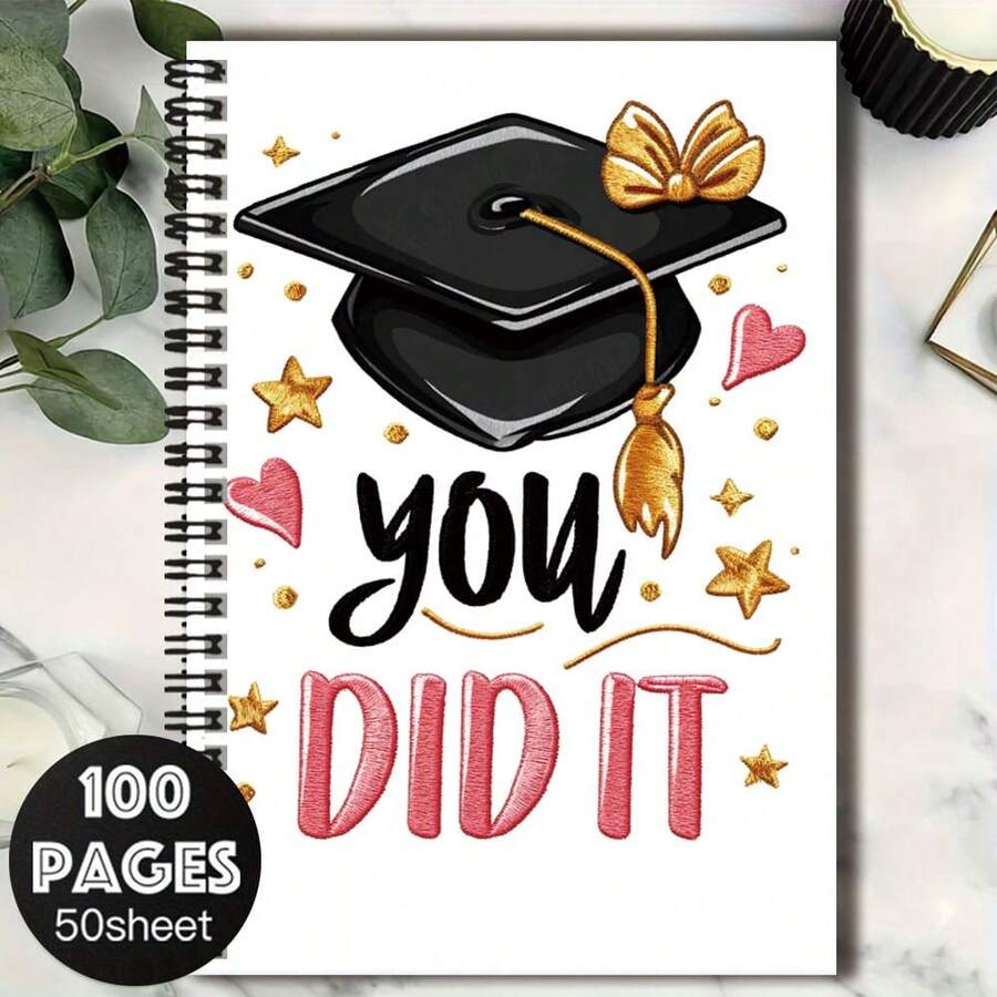 Cahier à spirale exclusif de 100 pages pour la saison de remise des diplômes, décoré d'un mortier de graduation, d'étoiles et d'éléments en forme de cœur, accompagné du texte "Vous l'avez fait", rempli de sentiments de cérémonie. Convient pour le travail, les études, la prise de notes, l'écriture de journal intime, la planification quotidienne et fait également un cadeau de remise des diplômes ou d'anniversaire réfléchi. - B - Voir 1