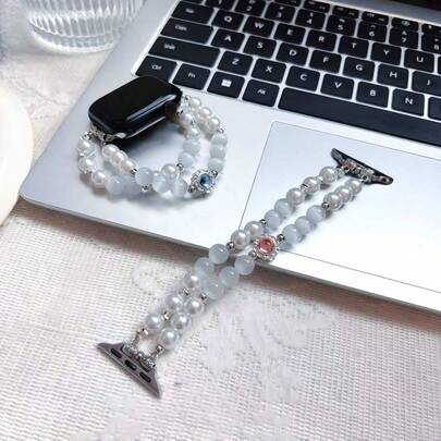 Elegant Design Faux Pearl & Crystal Beaded Double-Layer Strap, Fashionable Women's Daily Accessory, Suitable As Accessory For Huawei, Apple,