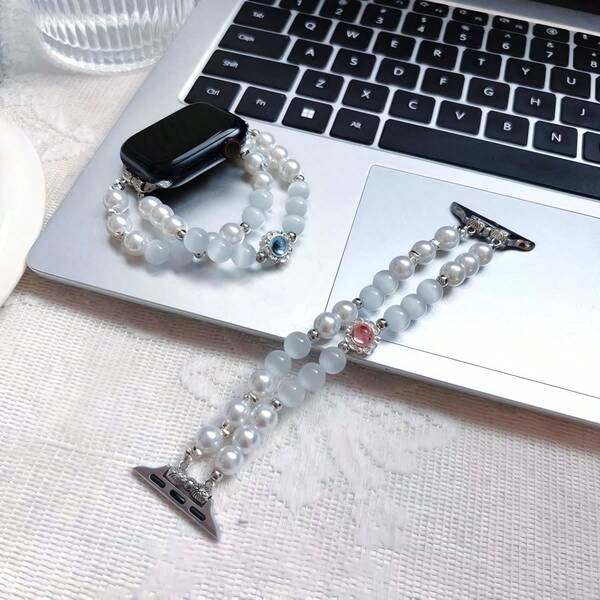 Elegant Design Faux Pearl & Crystal Beaded Double-Layer Strap, Fashionable Women's Daily Accessory, Suitable As Accessory For Huawei, Apple,