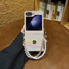 Colorful Woven Pattern Phone Case With Flower Pearl Chain, Compatible With Samsung Galaxy ZFlip7 Flip8 Z Flip6 ZFlip 5 Zflip6 Zflip5, Shockproof Back Cover - Pastel - View 3