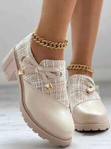 New Women's High Heels, Formal Style, Thick Plaid & Patchwork Details Design, Decorated With Bow And Chunky Heel, Creating A Retro Formal Shoes, Suitable For Parties And Holidays - Beige - View 1