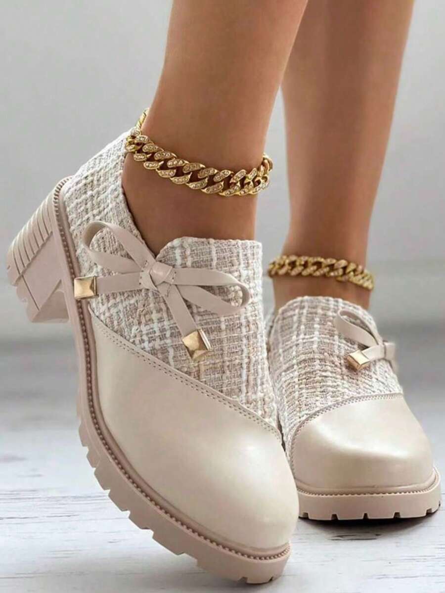 New Women's High Heels, Formal Style, Thick Plaid & Patchwork Details Design, Decorated With Bow And Chunky Heel, Creating A Retro Formal Shoes, Suitable For Parties And Holidays - Beige - View 1