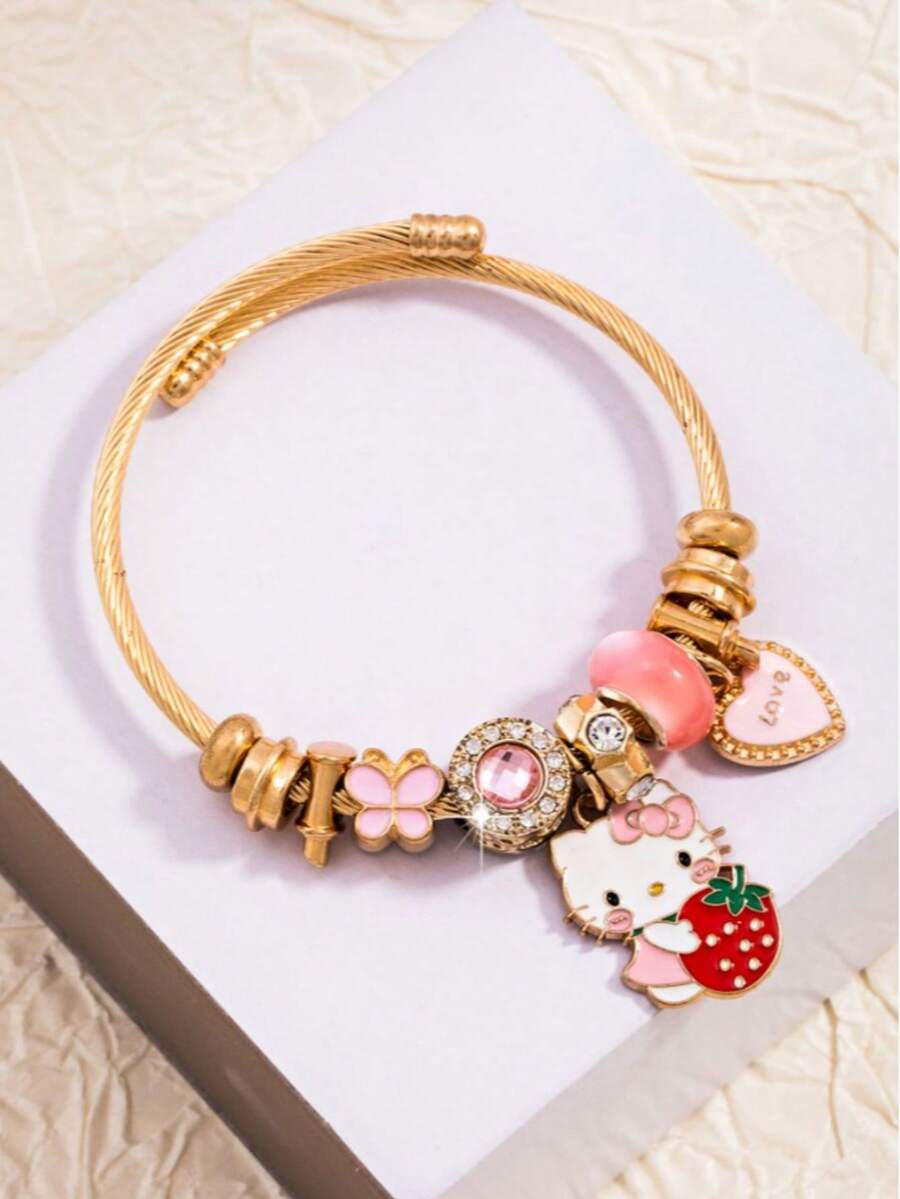 1pc Fashionable Cute Cat Bracelet Beaded Open Bangle Pendant Jewelry - 01 - View 1