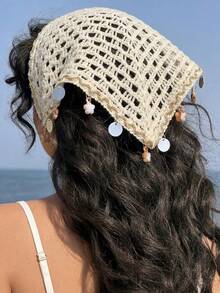 1pc Women's French Elegant Bohemian Style White Shiny Rhinestone Knit Hollow Out Versatile Sequin Starfish Shell Pendant Headband Hair Scarf, Suitable For Daily Wear, Party, Gathering, Summer Beach Vacation Decoration - Multicolor - View 4