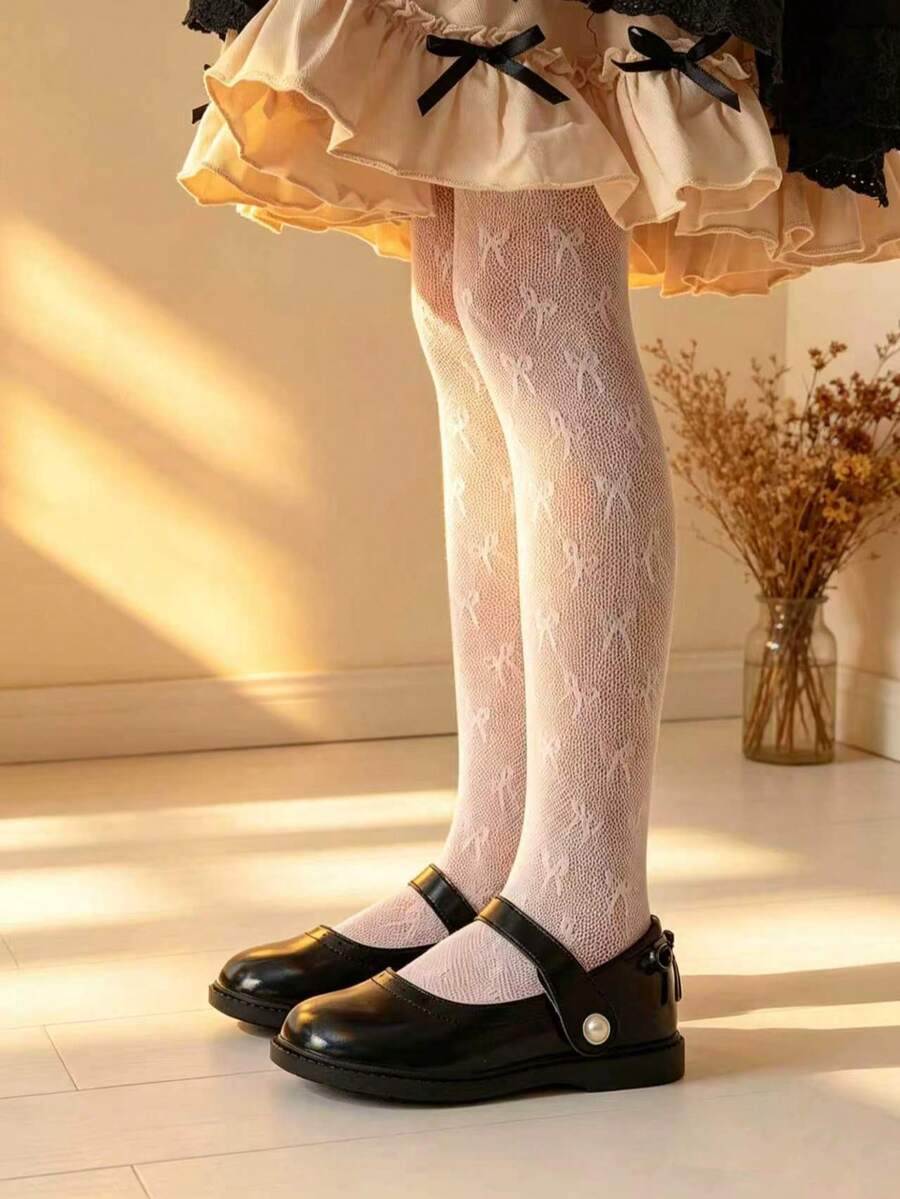 1件女童蕾丝打底裤，饰有可爱蝴蝶结，时尚镂空设计，透气舒适，适合日常穿着、度假、返校、舞台表演。 - 白色 - 查看 1