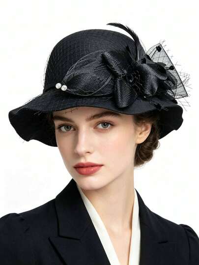 1 chiếc mũ rộng vành tròn nữ màu trơn, phong cách vintage Pháp, đính hoa, lưới, nỉ len, mũ Fedora thanh lịch, phù hợp cho tiệc chủ đề phương Tây, tụ tập, tiệc đính hôn, cosplay, lễ tốt nghiệp, dạ hội hóa trang, lễ hội, kỷ niệm sinh nhật, lễ hội âm nhạc, mặc hàng ngày