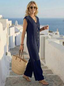 Women's Versatile And Fashionable Solid Color Jumpsuit With Buttons For Vacation - Grey - View 3