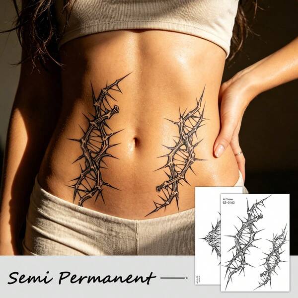 2 Sheets Semi-Permanent Thorn Vine Temporary Tattoos - Waterproof Black Gothic Waist Body Art Stickers, Long-Lasting Edgy Decor For Women & Men