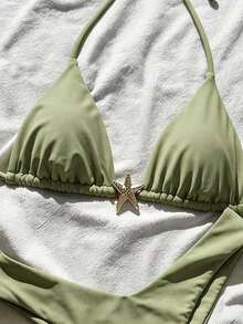 Swim Mod Conjunto de bikini de mujer con tirantes finos, unicolor y decoración metálica, sexy, para verano - Verde 3 - Ver 5