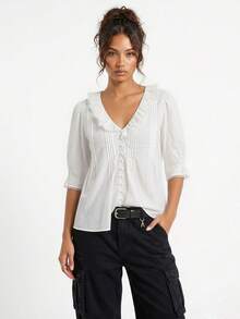 Women's Summer Ruffle V Neck Short Sleeve Blouse - Solid Color With Frog Buttons For Daily  Party - White - View 5