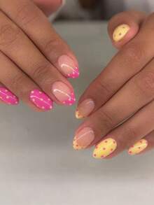 24pcs Short Oval Polka Dot Fake Nails Set, Includes 1 Double-Sided Adhesive And 1 Nail File, Short Polka Dot Nails Make Your Fingertips Shine And Attractive, Perfect For Parties, Dancing And Daily Use - Multicolor - View 2