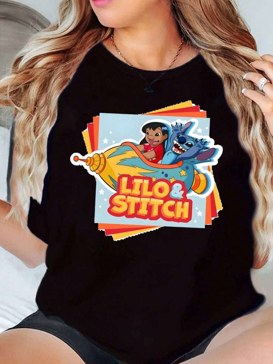 Lilo And Stitch Cartoon Character Print Disney Women T Shirt Round Neck Short Sleeve Casual Summer Wear For Everyday And Holiday Soft Comfortable 220g - màu đen - Xem 1