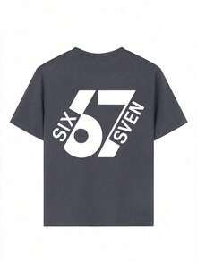 Summer Short-Sleeved T-Shirt For Boys, "67" With A Fun Digital Design. Suitable For Casual Wear, School, And Everyday Wear. - Grey - View 7